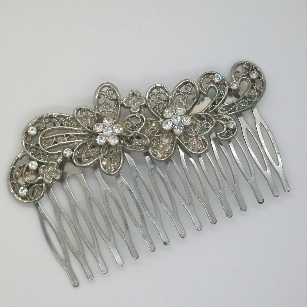 Silver Filigree Clear Rhinestone Flower Bouquet Hair Comb Bridal Accessory